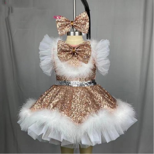 Girls kids Toddlers host jazz dance stage performance Dresses Sequined pink blue gold pettiskirt ballet dance dress gogo dancers singing competition outfits